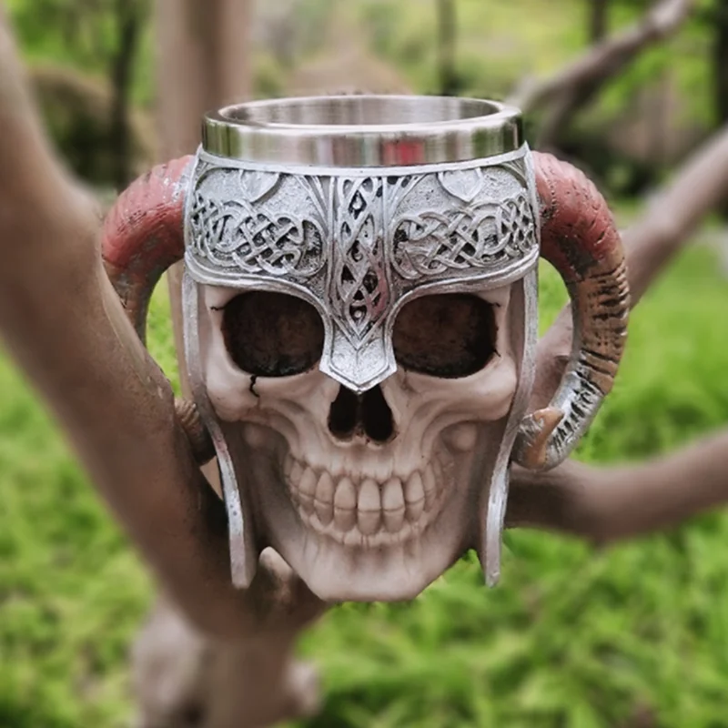 Stainless Steel Double Handle Horn Skull Beer Cup