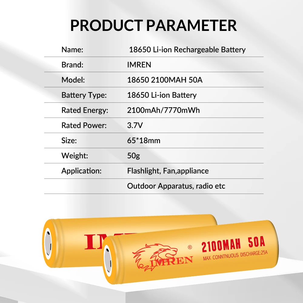 IMREN 18650 배터리 2100mah 50A 미국 주식 3.7v 3.6v 리튬 이온 전지 충전식 Inr18650 원통형 3 차  Akku 미국 25A