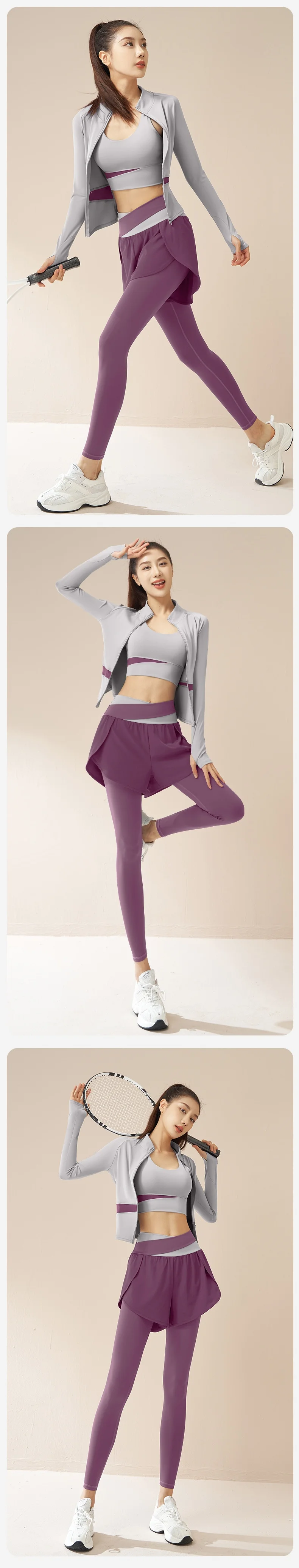 Wholesale Fitness 3 Piece yoga conjuntos Women Gym Yoga Wear Set Workout Seamless Long Sleeve Sports Suit Hoodie Yoga Set details