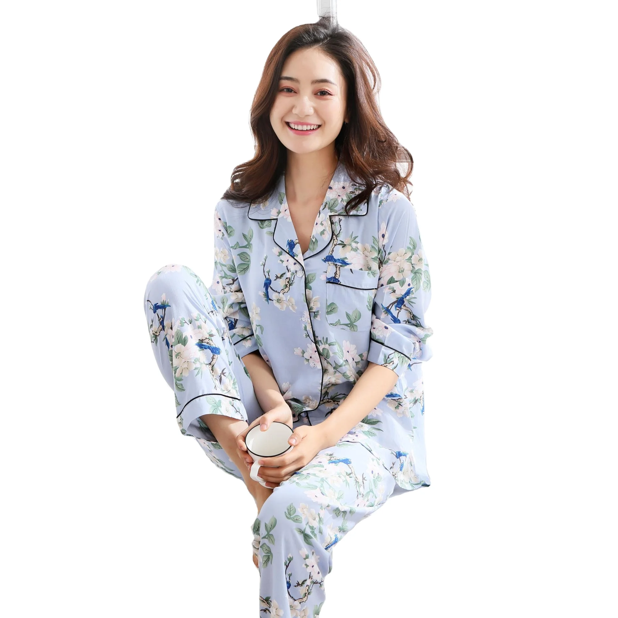 Oemレーヨンレディースパジャマ人気商品女の子ホットセクシープリントビスコースコットン長袖ターンダウンカラーパジャマセット Buy Cotton Pajamas Pajamas Pajamas Women Product On Alibaba Com