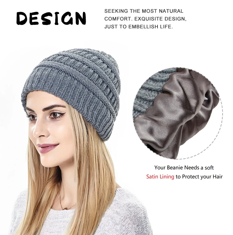 Women Satin Lined Winter Beanie Hat With Faux Fur Pom Cuffed Warm Knit ...