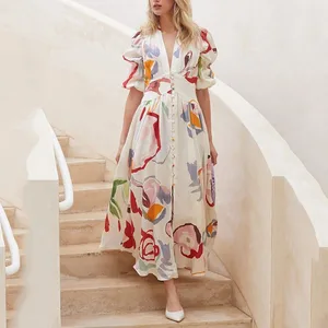 Elegant Large Swing Long Dress Short Sleeve Printing Chiffon Beach Dress Women Clothing