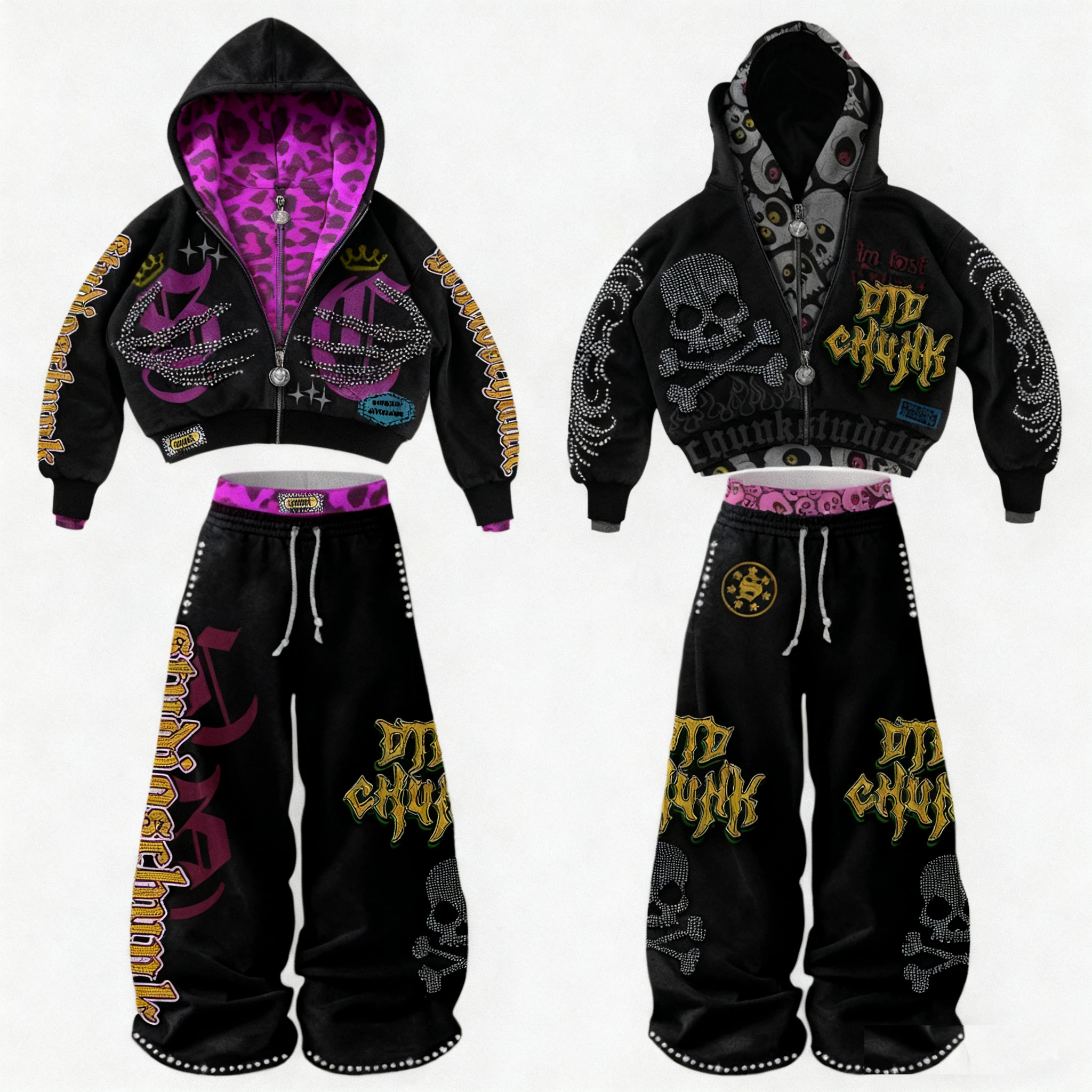 Customized Streetwear Baggy Hoodie and Stacked Double Waist Pants Set Acid Wash Tracksuits Rhinestone DTG Printed Sweatsuits gallery 5