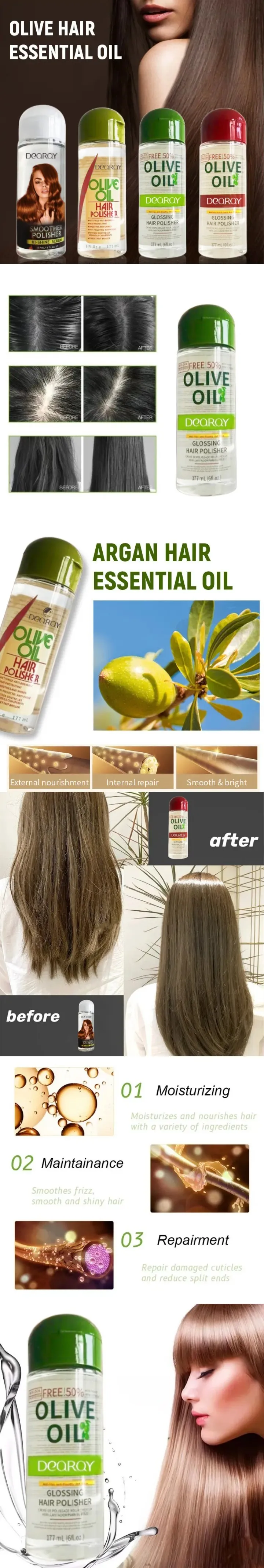 Olive Oil Hair Polish serum in a sleek bottle, promising healthy shine and anti-frizz benefits for post-cut hair care.