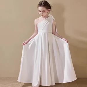 ODM Supply Elegant White Satin Kids Girls Evening Dress Solid One Shoulder Party Wedding with Bow Decoration Princess Dress