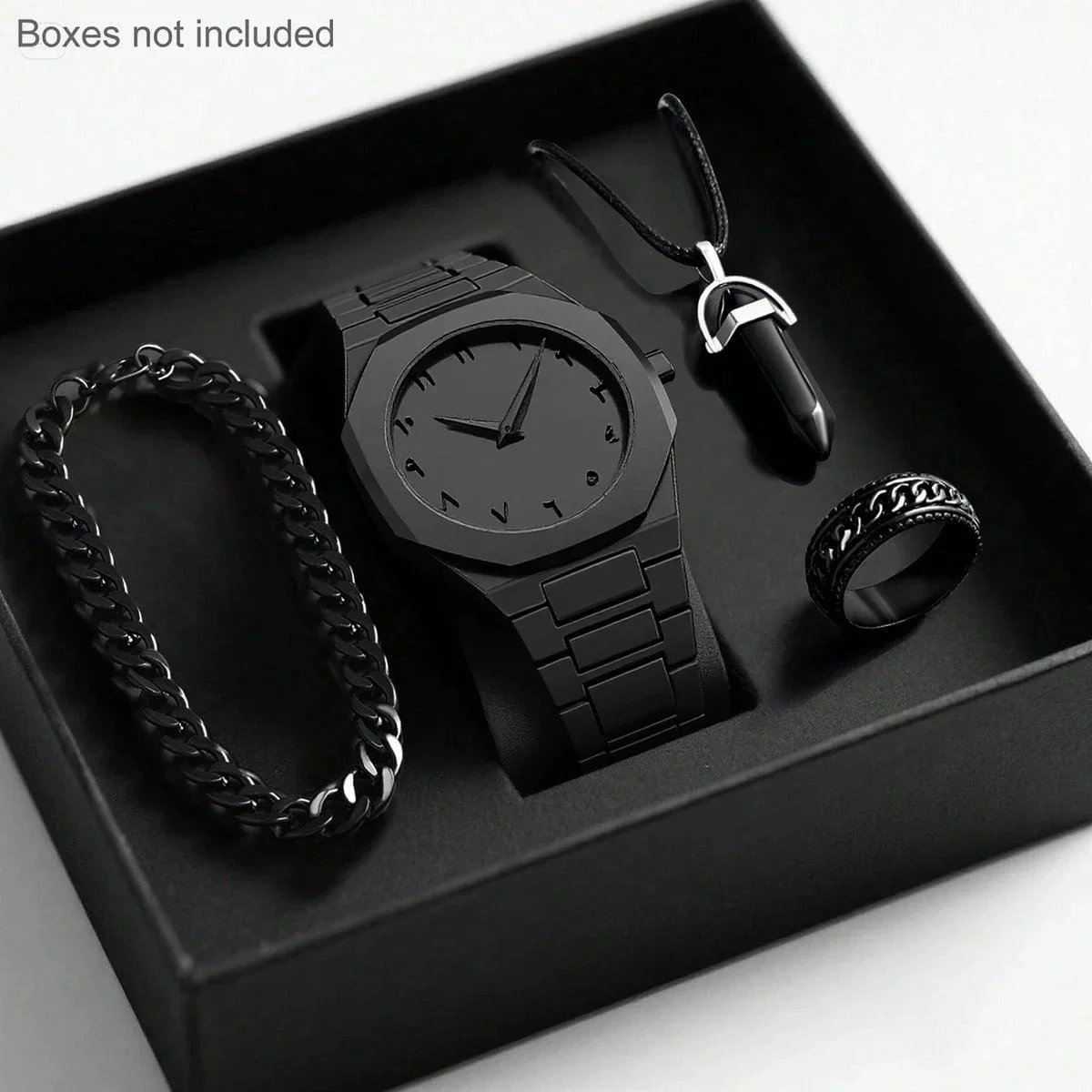 CS008 Gift Set Four Piece Black Rings Bracelets Necklaces Muslim Quartz Watches Without aperçu 9