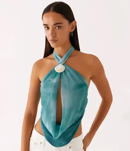 Tie Dye Halter Sexy Tank Tops Women Pullover Vest Summer Fashion Hollow Out Off-shoulder Sleeveless Backless Crop Top