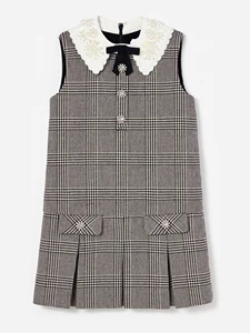 Good Quality Elegant Stylish Classic Black and White Houndstooth Check Fabric  Peter Pan Collar Sleeveless Girls Dress Outfit