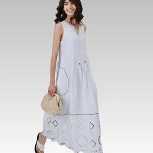 2026S/S Luxury V-Neck Maxi Fashionable Heavy Laser Embroidery Hollow Split Ramie Sleeveless and Short Sleeve Summer XS Natural