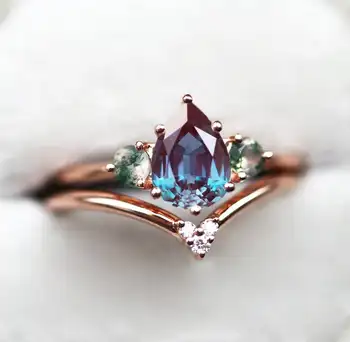 Custom 14K rose solid vintage Rose Gold sterling silver gemstone fine Jewelry natural Diamond Pear Cut lab Alexandrite Halo Ring