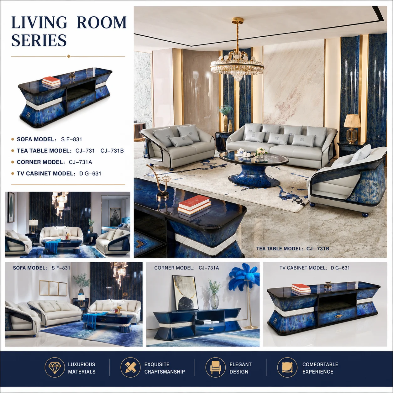 Modern Luxury Yacht Grand Genuine Leather 1-2-3 Sofa Set Automotive Inspired Royal Blue High Gloss One-stop Furniture Solution