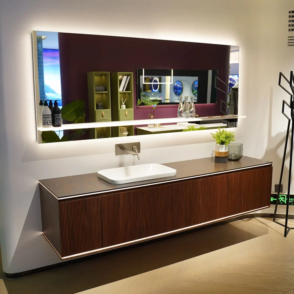 Black Walnut Bathroom Vanity With Modern Led Bath Smart Mirror Granite Double Sink Wall Mounted