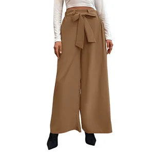 Solid Color Lace up High Waisted Straight Leg Wide Leg Pants, Simple and High-end Versatile Pants