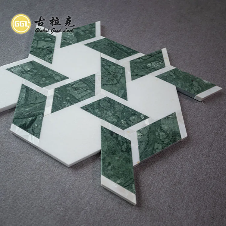 Polished Green White Marble Mosaic Mix Shell Tile Water Jet Stone Irregular Shape Mosaic Tile for Wall Floor Decor