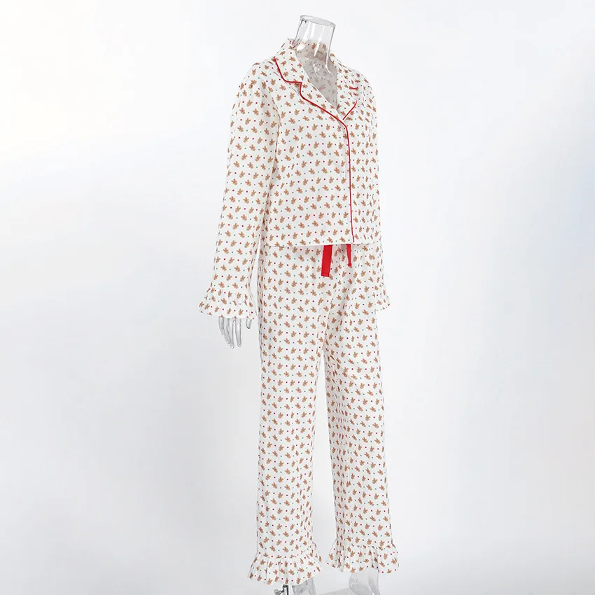 Christmas Theme Womens Pure Cotton Breathable Skin Friendly Printed Long Sleeve Top Pants Cozy Two Piece Loungewear Set — detail