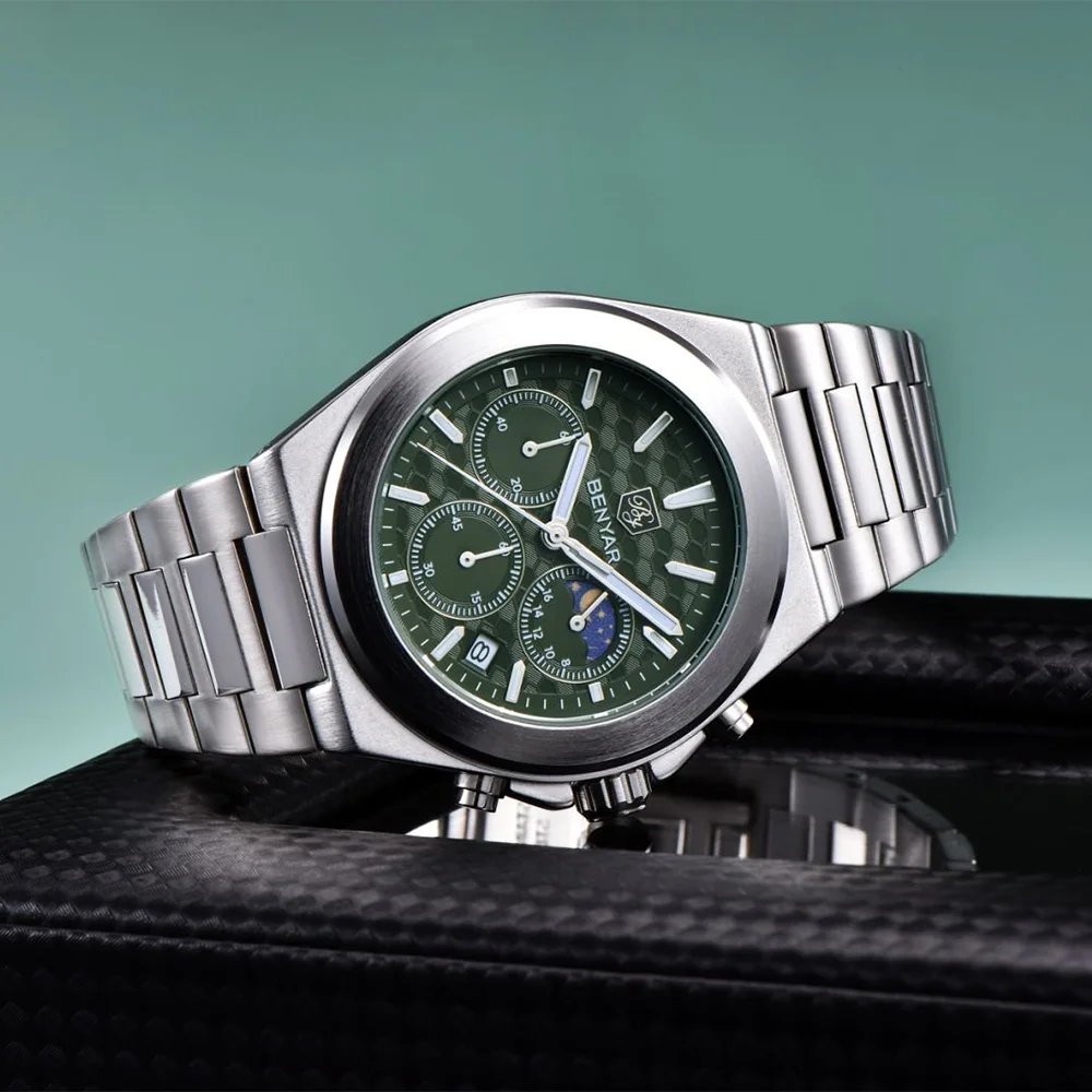 BENYAR 5220 Classic Business Watch Quartz Stainless Steel Waterproof Watch Multi Functional Moon Phase Dial Watches for Man