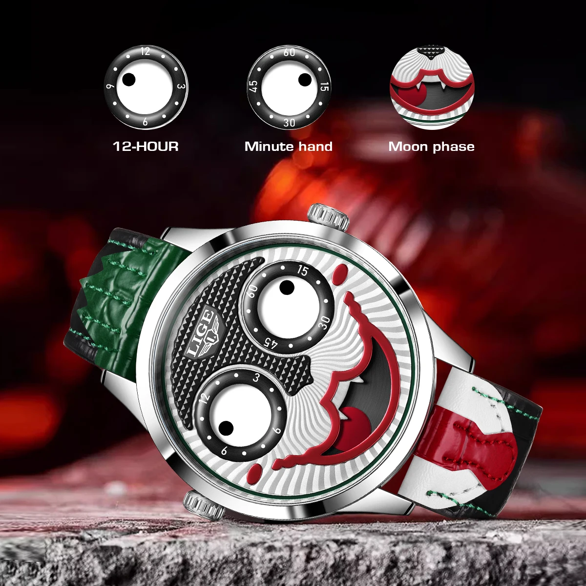 LIGE LG89160 Men's Quartz Watch - Unique Clown Dial, Sport Style