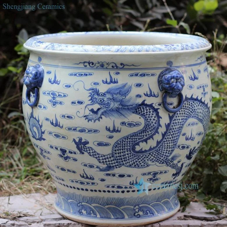 RZFH03-C Hand Paint Blue and White Flying Dragon Pattern Ceramic Large Garden Flower Planter