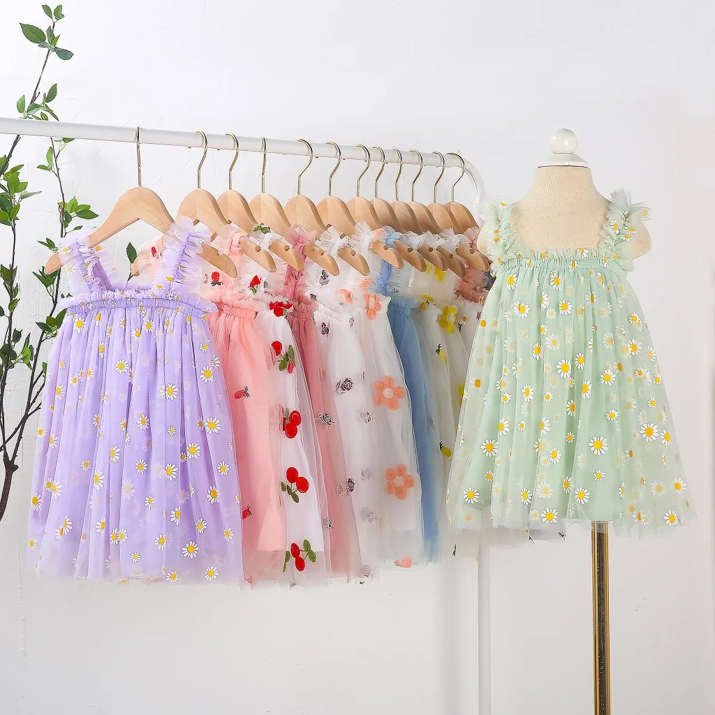 Wholesale Daisy Floral Embroidery Kids Girl Casual Strap Sleeveless ...