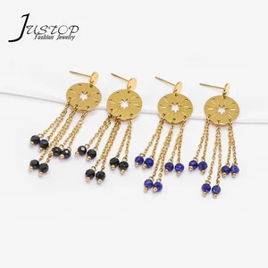 Wholesale Vintage Stone Jewelry Star Round Charm Drop Lazurite Boho Long Earrings Multi Color Seed Bead Tassel Earrings