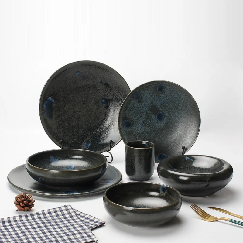 European Unique Stoneware Black Restaurant Dinner Ware Cup Bowl Plates