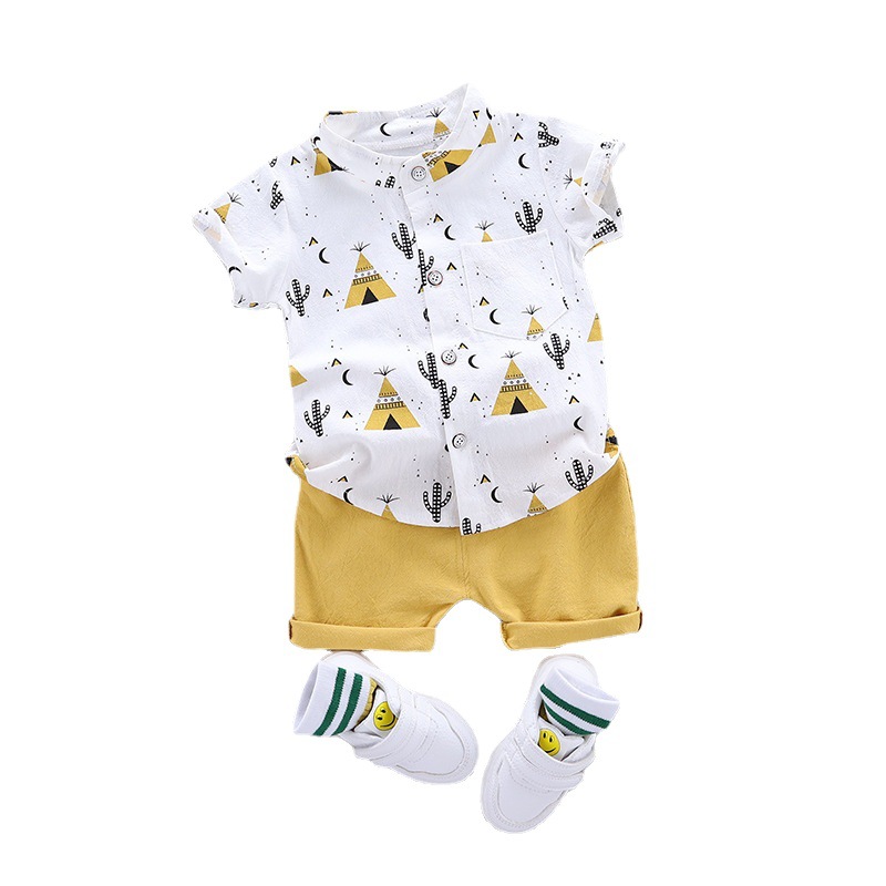 Рубашка с воротником-стойкой для мальчиков детский комплект одежды коротким рукавом и мультяшным КАКТУСОМ