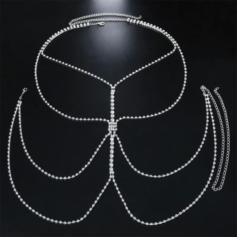 Top Women Silver Crystal Chest Bra Bodi Chain Harness Bikini Sexy Rhinestone Cross Body Chain 