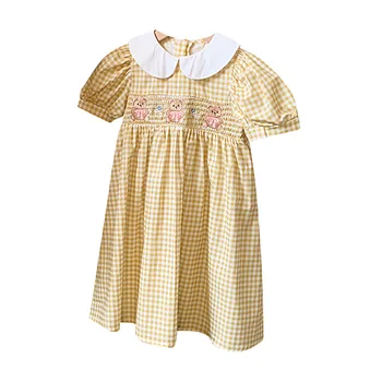 Doll Lapel Bear Embroidered Girls' Dress 2025 Summer Style Bubble Short-sleeved Plaid Children's Dress Princess Dress