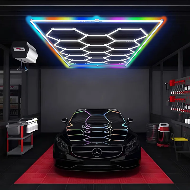 Meilleures ventes : éclairage LED étanche IP65 pour le détail automobile, en forme d’hexagone nid d’abeille, blanc et RVB, plafonnier pour atelier, outil pour polissage automobile