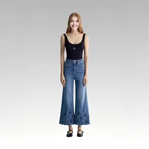 2026 Vintage Loose Quicksand Blue Cotton Denim Wide-Leg Hollow Embroidery Jeans for Summer Winter Autumn Seasons Solid Pattern