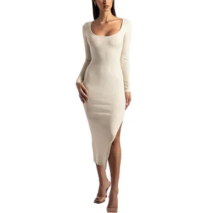 European American Women's Plus Size Maxi Long Sleeved Slit Shaped Slim Fit Pit Striped Knitted Long Dress for Women