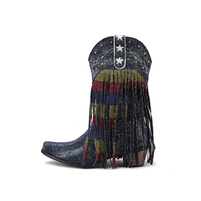 Size 43 Cowgirl Boots Pointed Toe Vintage Tassels Rivet Slip-on Mid Calf Women Embroidery Western Cowboy Boots - Image 2