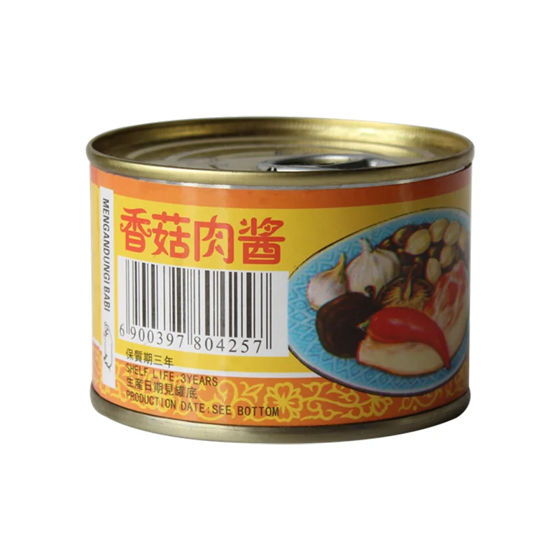 Factory direct supply food cans canned meat round tin 185g canned pork mince and mushroom  with bean paste