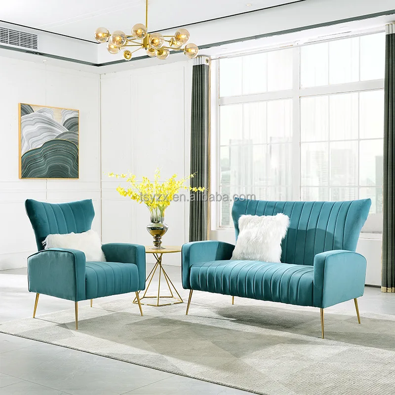 Modern Two Seater Sofa Living Room Furniture Sofa Blue Velvet Loveseats ...