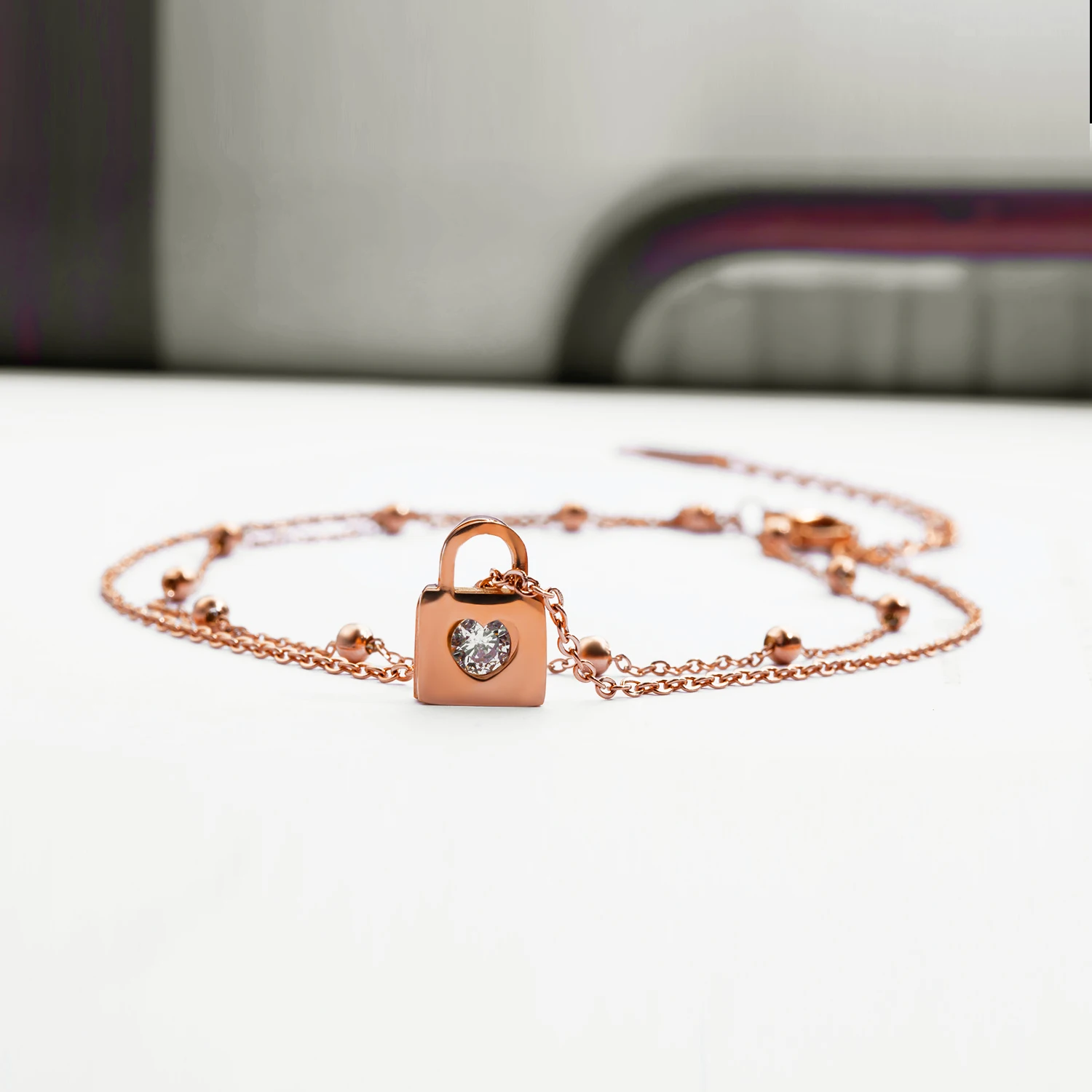 Delicacy rose gold double layer adjustable cuban chain bohemian style zircon lock pendant feet jewelry gift anklet for women