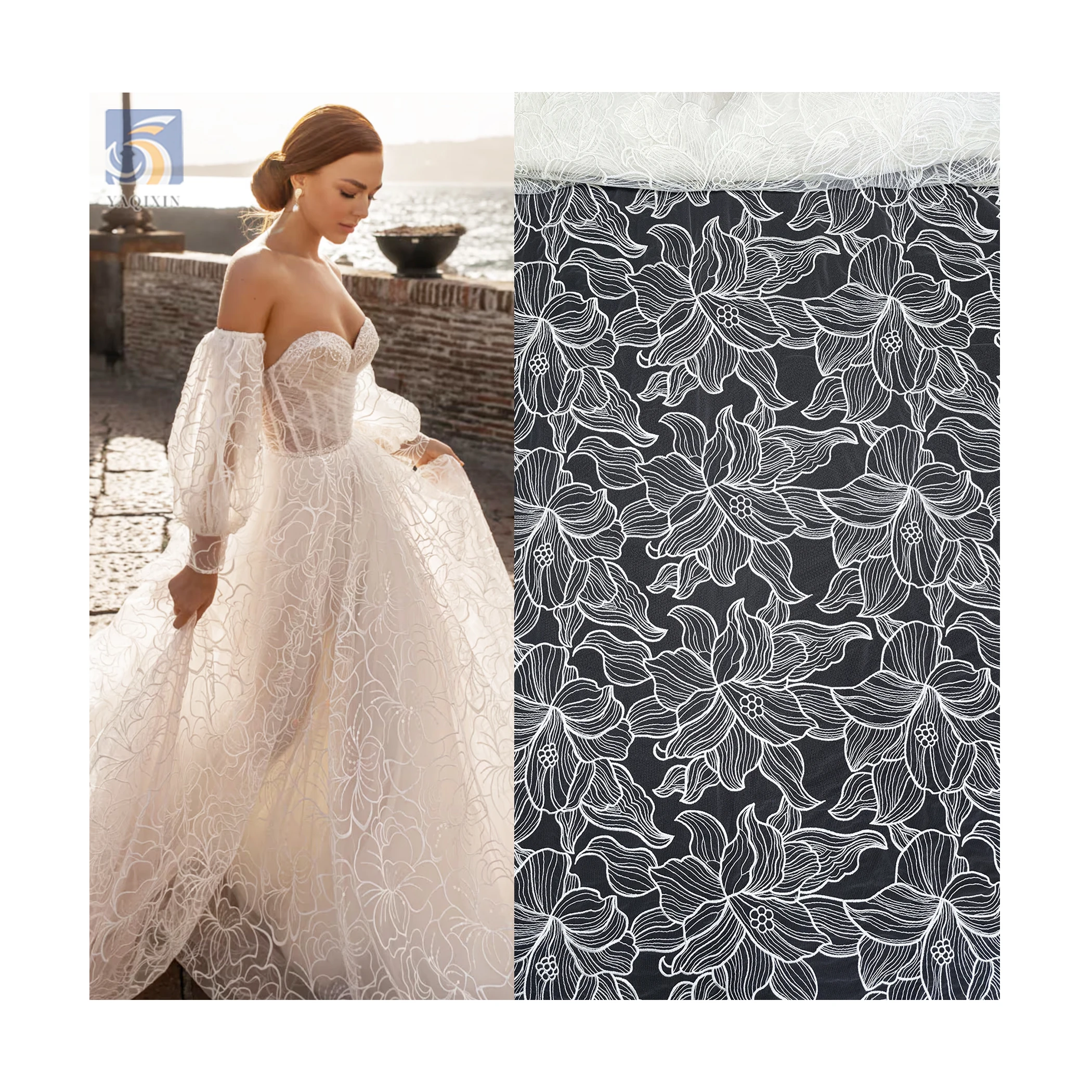 YX2736 Full Custom Lotus Pattern Design 2025 Pure White 100 Polyester Milk Silk Embroidery Mesh Tulle Fabric