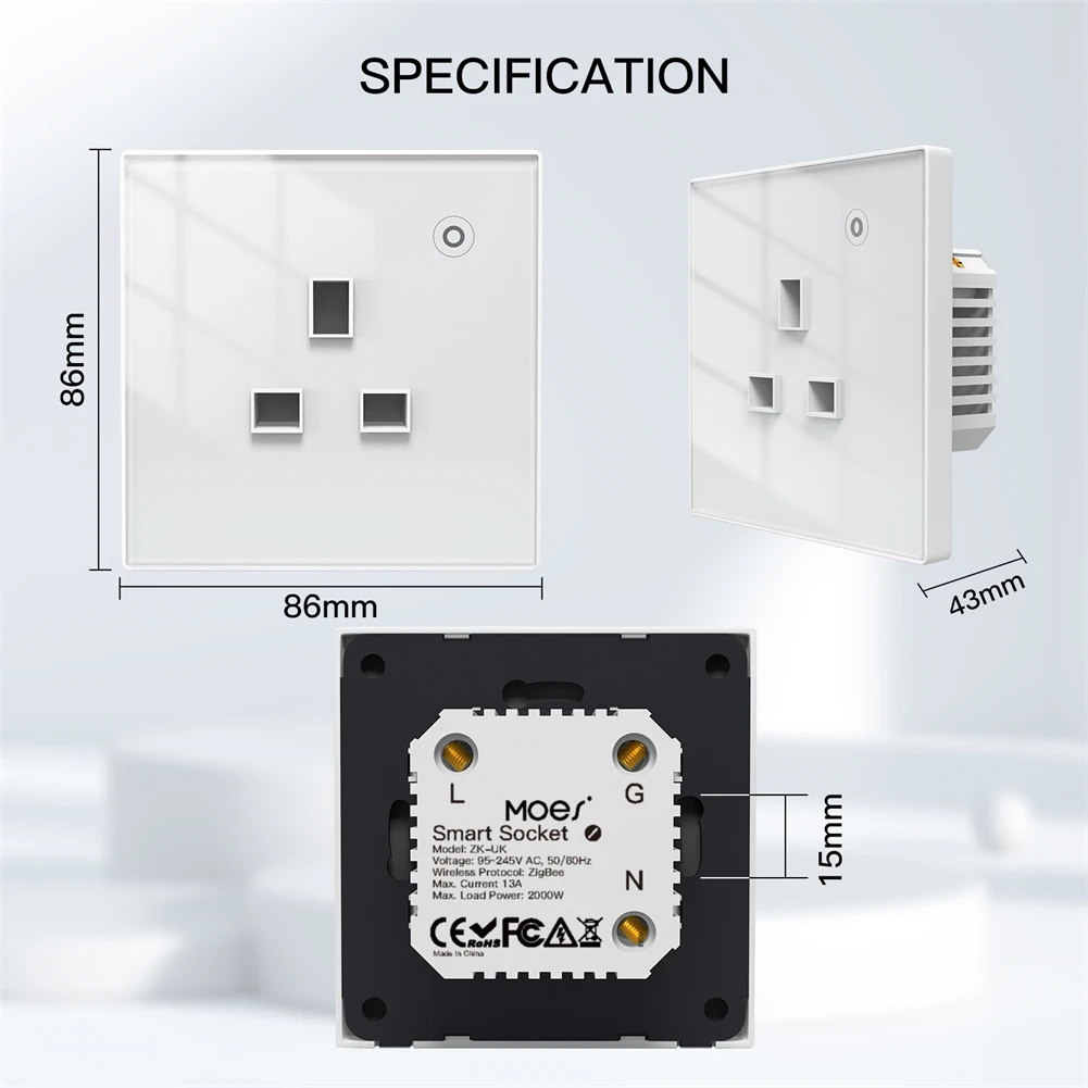 Tuya Smart Home Zigbee Smart Wall Socket Glass Panel Outlet Power Monitor Extremely Soft Touch Plug Relay Status and Light Mode