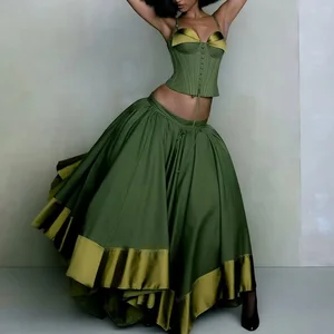 Factory Wholesale Fashion Suit Women's 2026 Early Spring Sexy Bow Collar Chest Wrap Strap Top Stitching  Puffy Skirt 2-Piece Set