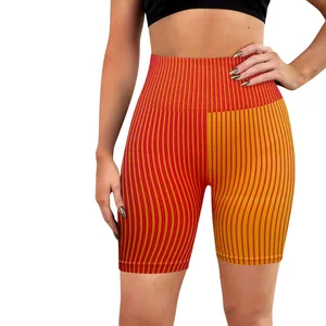 Orange Stripe Color Block Textured High Waist High Stretch Tight Breathable Yoga Sports Shorts for Women