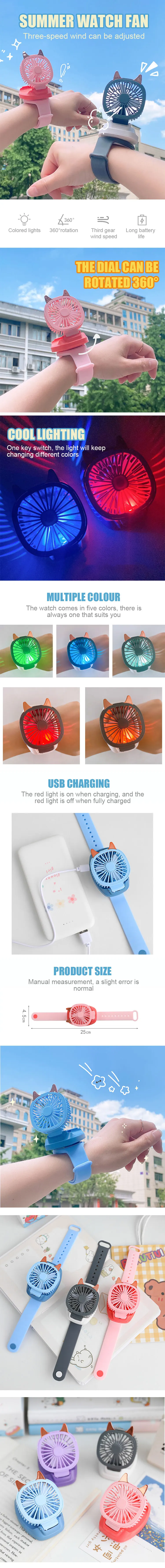 Hot Sale Fans Cooling Mini Portable Space Cat Mini Watch Fan With LED Light Wearable Fan