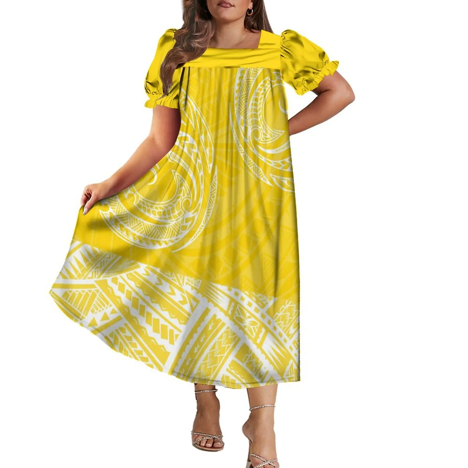 Wholesale OEM Customized Polynesian Tribal Design tretch Micronesian Muumuu Mumus Micronesia Mumu Dress Puff horts leeve quare Neck Puffy Midi Dresses Wholesale OEM Customized Polynesian Tribal Design tretch Micronesian Muumuu Mumus Micronesia Mumu Dress Puff horts leeve quare Neck Puffy Midi Dresses