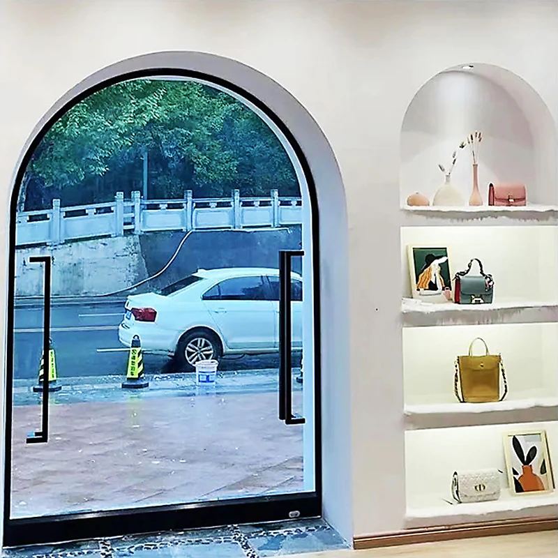 Commercial Pivot Arch Glass Door Custom Made Shop Front Stained Tempered Glass Door Storefront Glass Doors Classic Rounded Top