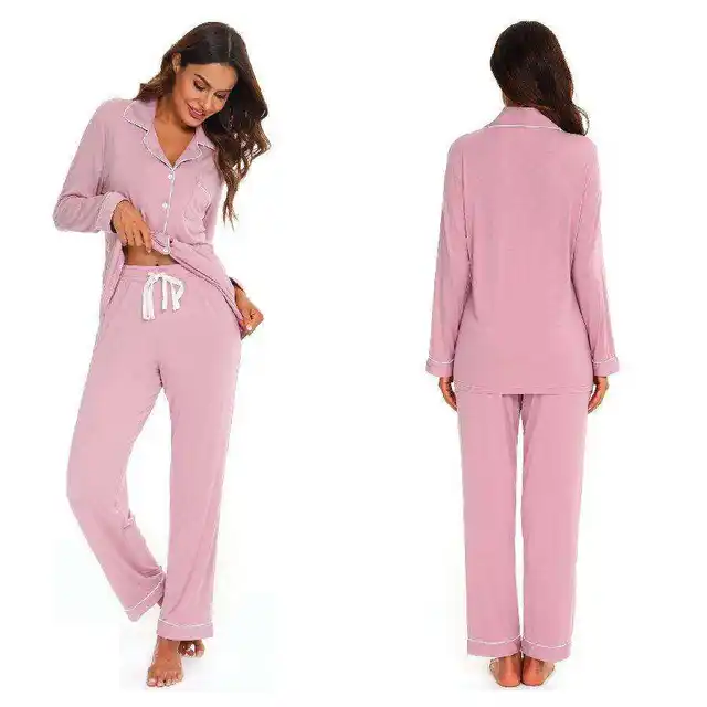 2024 Custom Logo Ladies Luxury Pink Drawstring Solid Color Soft Women Bamboo Viscose Long Sleeve Pajamas Pyjamas