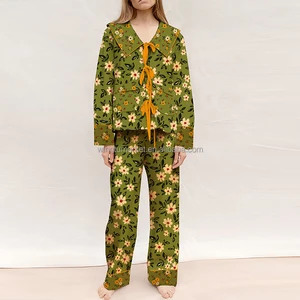 Green Floral Print Long Sleeve Collar Shirt Bow Tie Front Pocket Top Pants Loose Fit Pajama Set Women
