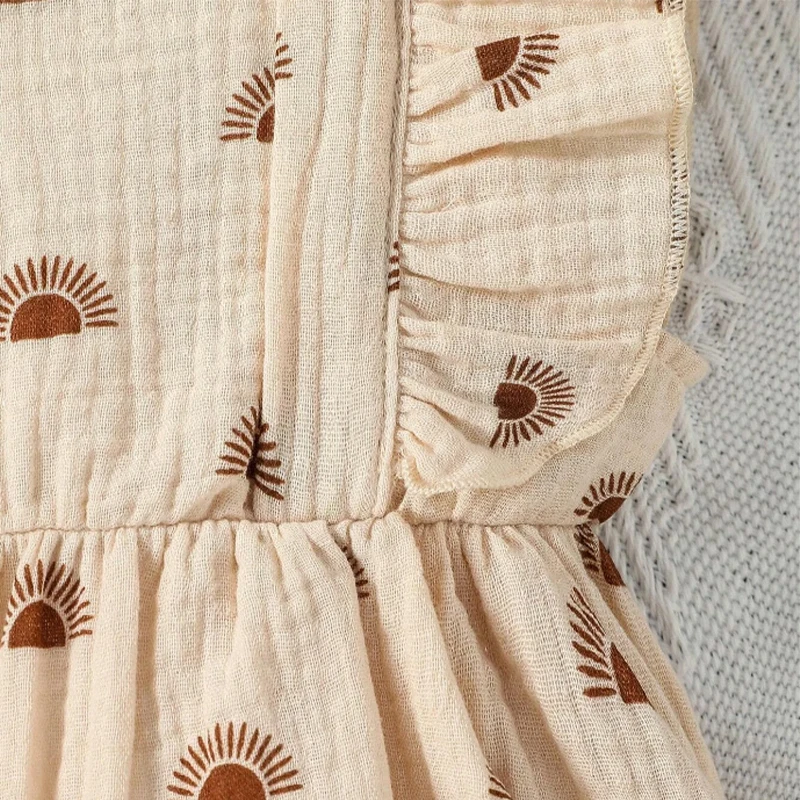 Summer Natural Muslin Print Color Baby Little Girl Dress Kids Headbands Suspender Dress