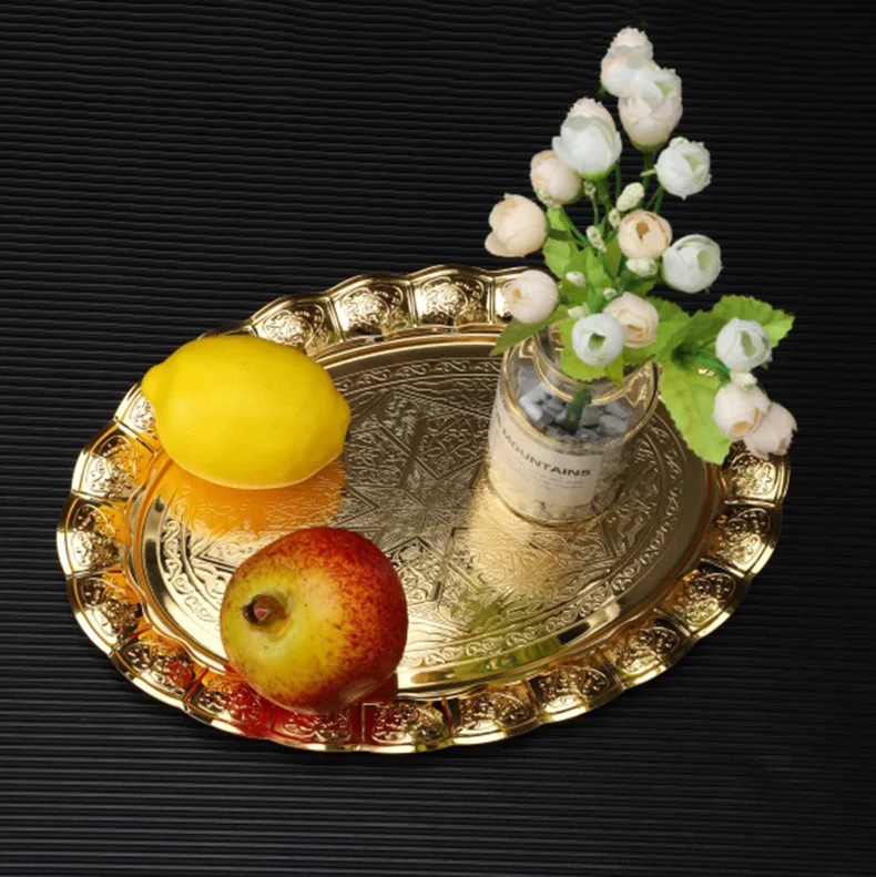 Large Luxury Arabic Round Metal Gold Tray Set Elegant Serving Trays For
