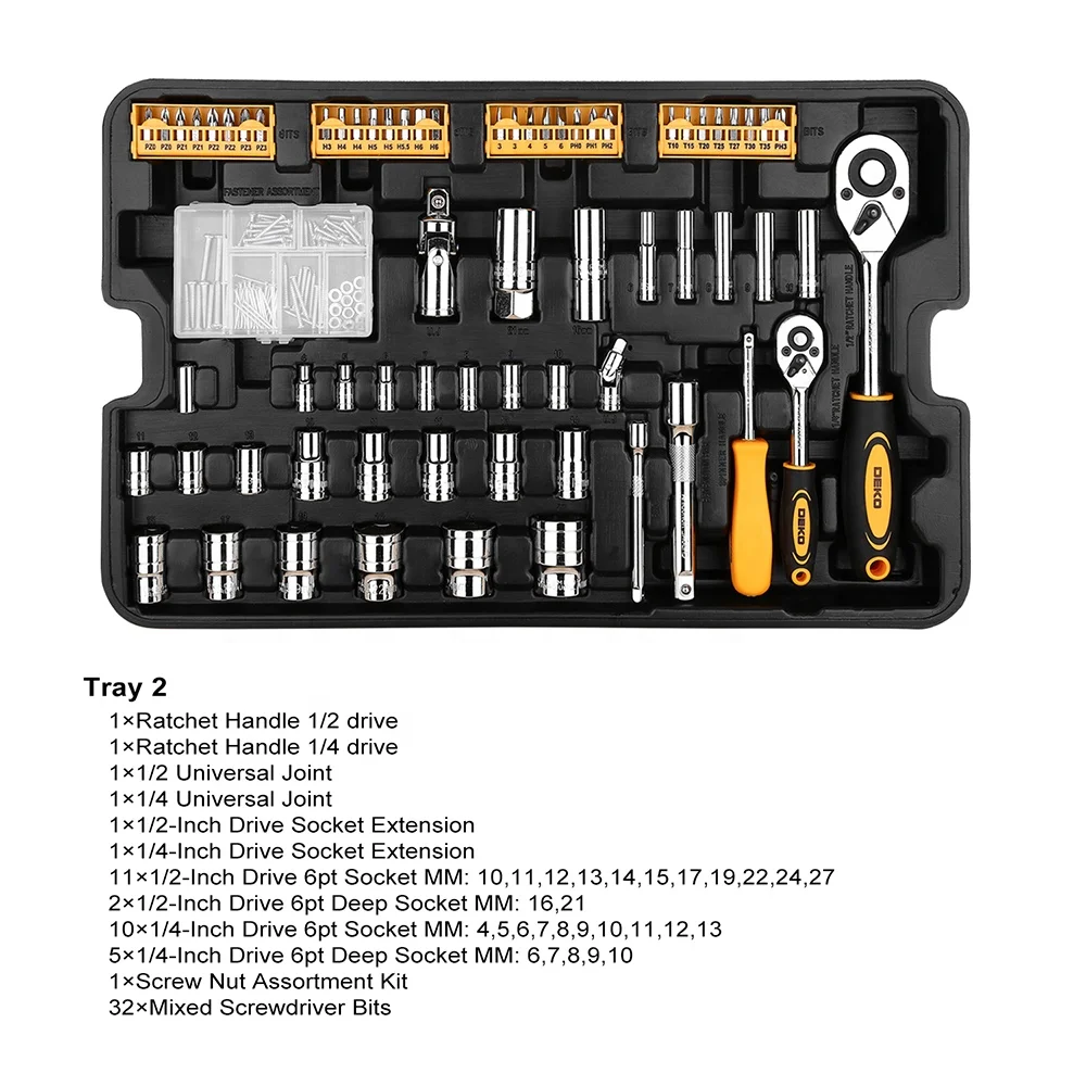 DKMT258 Hand Tool Set Rolling Tool Box Metric Socket Wrench Hardware Tools Storage Case Socket Wrench Screwdriver Knife