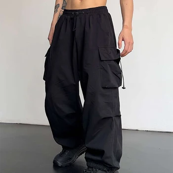 Customized Striped Tape Side Wide Leg Sporty Pants Men Y2K Streetwear Nylon Track Pants Straight Leg Sweatpants