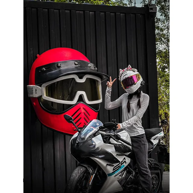 Large Fiberglass Sculpture of Motorcycle Helmet with Creative Three-dimensional Vehicle Facade for Outdoor Decoration