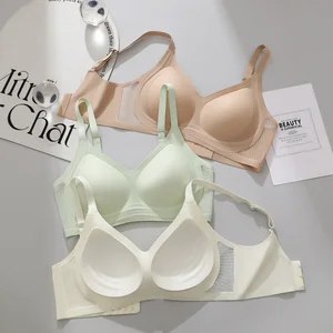 Women's Summer Solid Wire-Free Adjustable Straps Large Size Knitted Bralette Sexy V-Neck Soft Breathable 3D Jelly Strip Push-Up